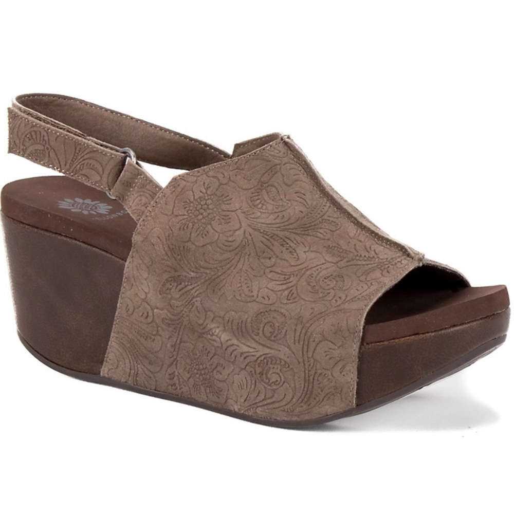 Yellow Box Taupe Floral Embossed Slingback Wedge Sandals